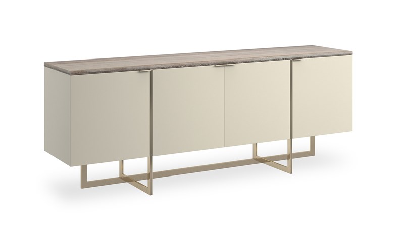 Caracole Wish You Were Here Media Cabinet featuring a Flowing Sandstone top, Pearl-painted case, Whisper of Gold metal frame, and intersecting bar base, offering