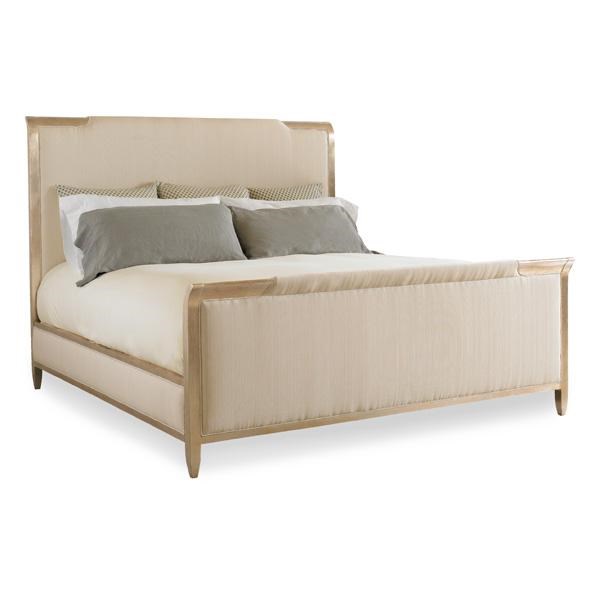 Caracole Nite In Shining Armor King Bed featuring an elegant wood frame in an aged leaf finish reminiscent of old silver, with fabric insets showcasing a small ribbed weave in off-white and light oyster coloration.