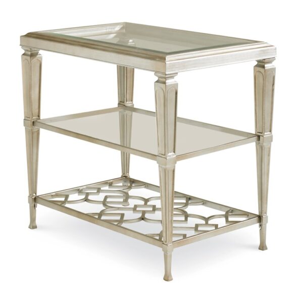 Social Connections Side Table by Caracole – Taupe Silver Leaf finish with glass top and interconnecting patterned stretcher.