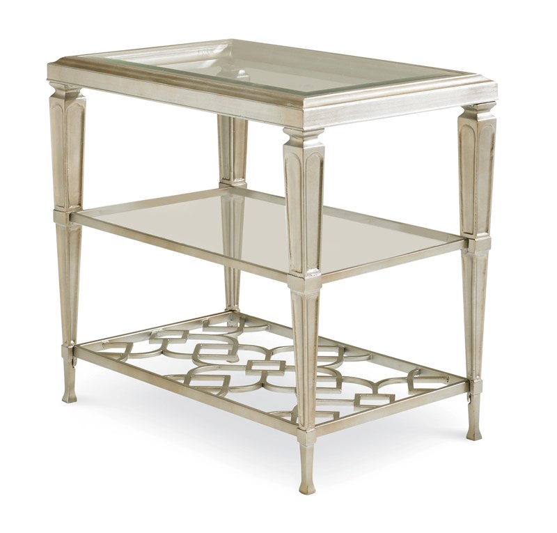 Social Connections Side Table by Caracole – Taupe Silver Leaf finish with glass top and interconnecting patterned stretcher.