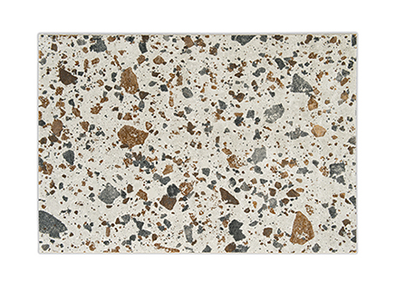 A contemporary Calligaris TERRAZZO rug, featuring a warm beige base adorned with a mosaic-like pattern of multi-colored "tiles" in various sizes, inspired by Venetian terrazzo floors.