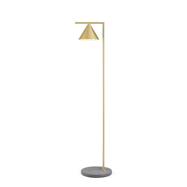 Captain Flint Outdoor floor lamp by Flos in brass and grey lava stone base, featuring an adjustable cone-shaped shade.
