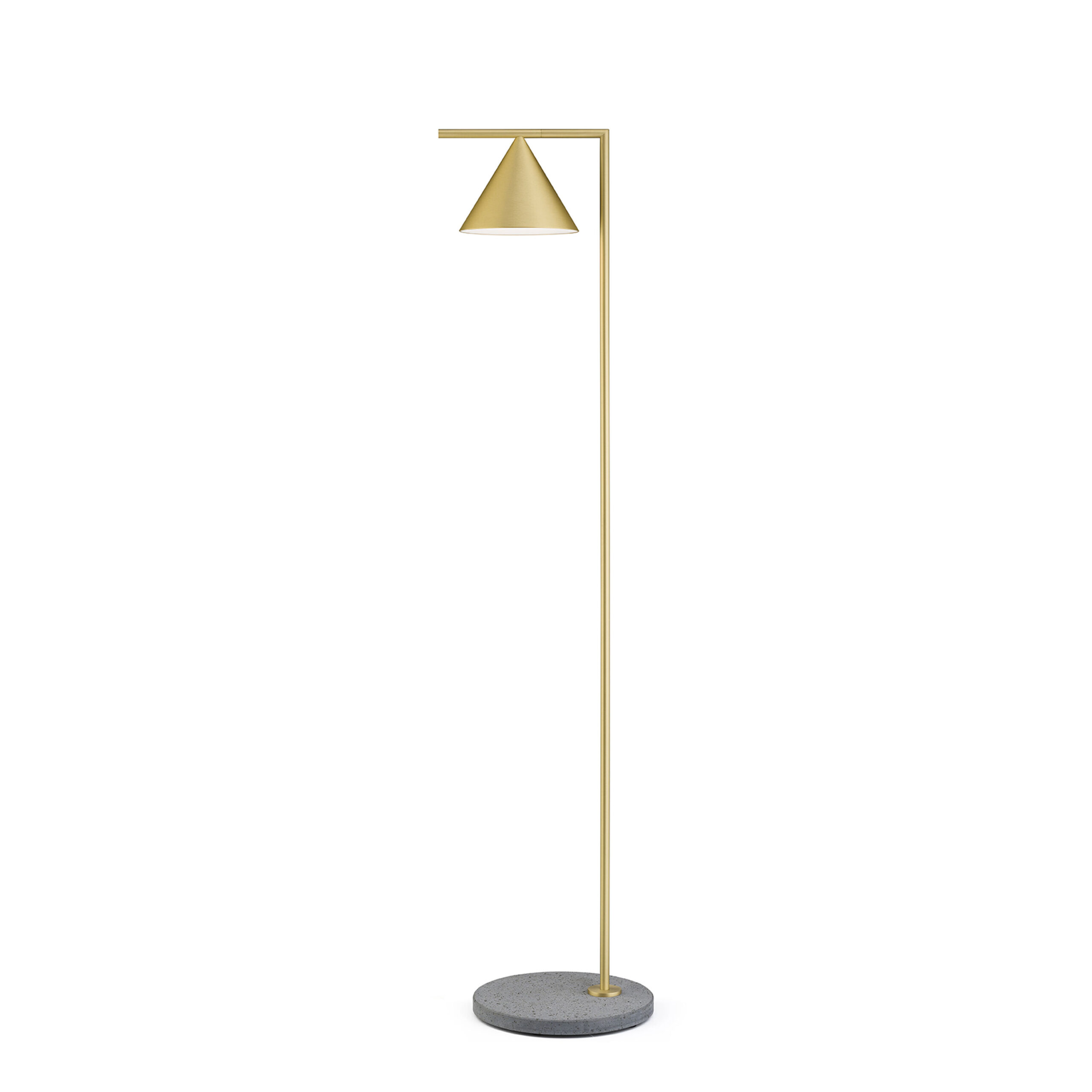 Captain Flint Outdoor floor lamp by Flos in brass and grey lava stone base, featuring an adjustable cone-shaped shade.