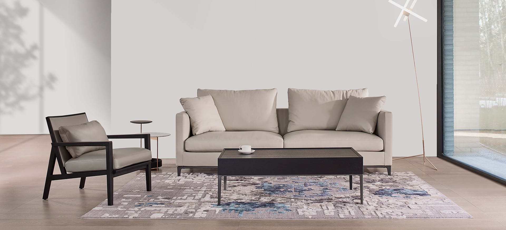 Curved lounge chair with soft fabric finish