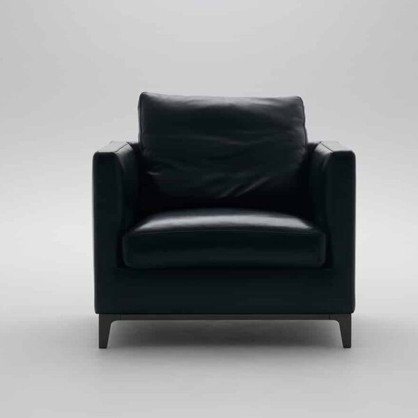 Modern Crescent Chair by Camerich upholstered in olive velvet with curved low back and tapered wooden legs