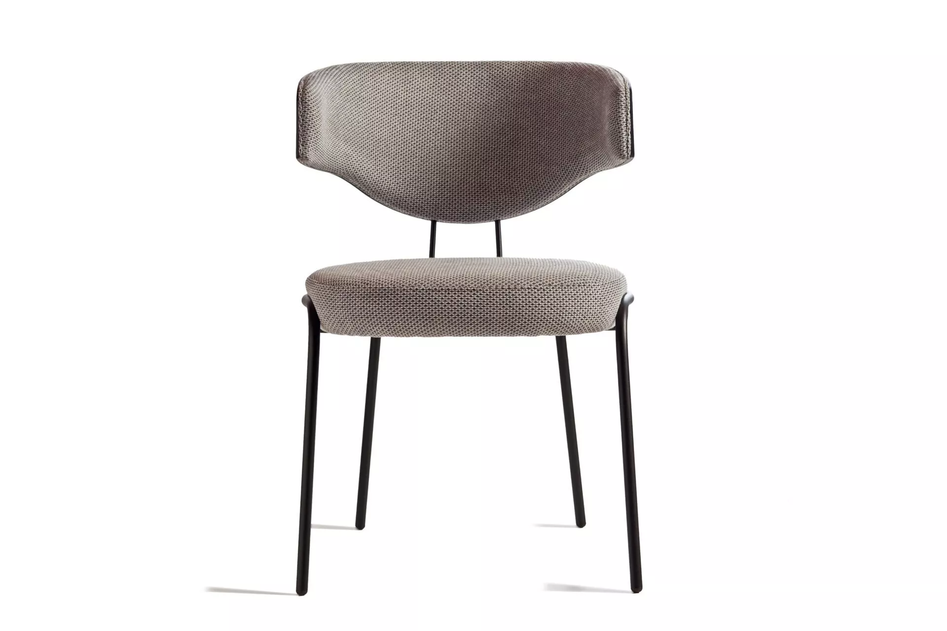CURVE W chair by Peressini with continuous curved backrest that elegantly wraps around the seat, supported by slender metal legs.