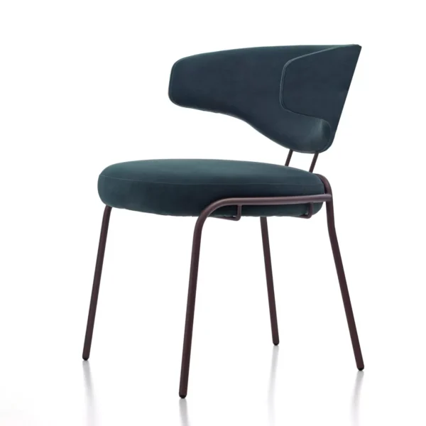 CURVE chair by Peressini featuring a continuous curved shell seat and backrest upholstered in light grey fabric, supported by thin black metal legs.