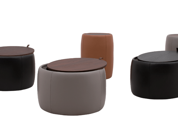 Round upholstered ottoman with soft fabric and minimalist design by Camerich.