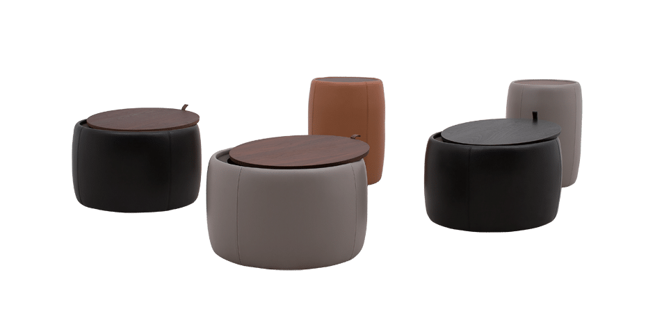 Round upholstered ottoman with soft fabric and minimalist design by Camerich.