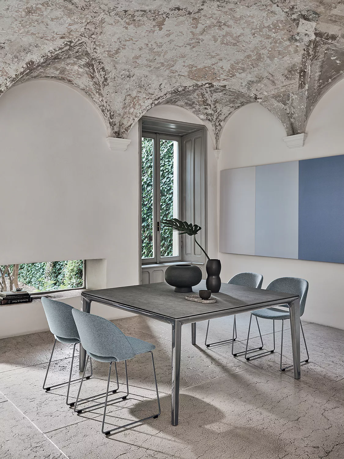 Rear view of Duke by Bontempi showcasing the sleek, contoured backrest and seamless design.