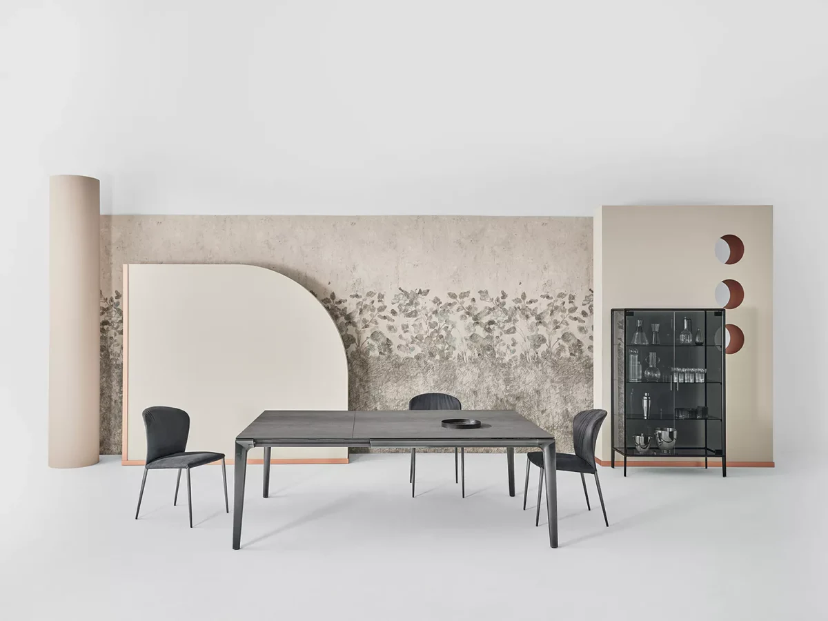 Armchair version of Duke by Bontempi in blush pink velvet for a stylish lounge setting.