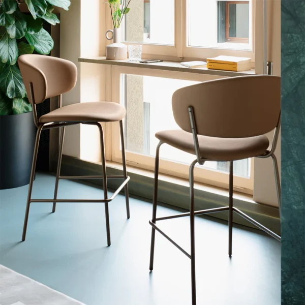 “DESY by Connubia modern Italian stool – padded seat with low backrest and sleek metal sled base for contemporary interiors”