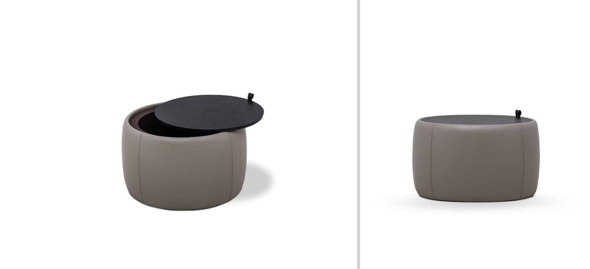 Round upholstered ottoman with soft fabric and minimalist design by Camerich.