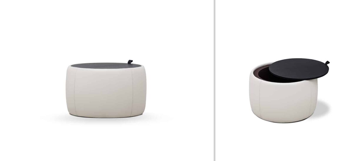 Round upholstered ottoman with soft fabric and minimalist design by Camerich.