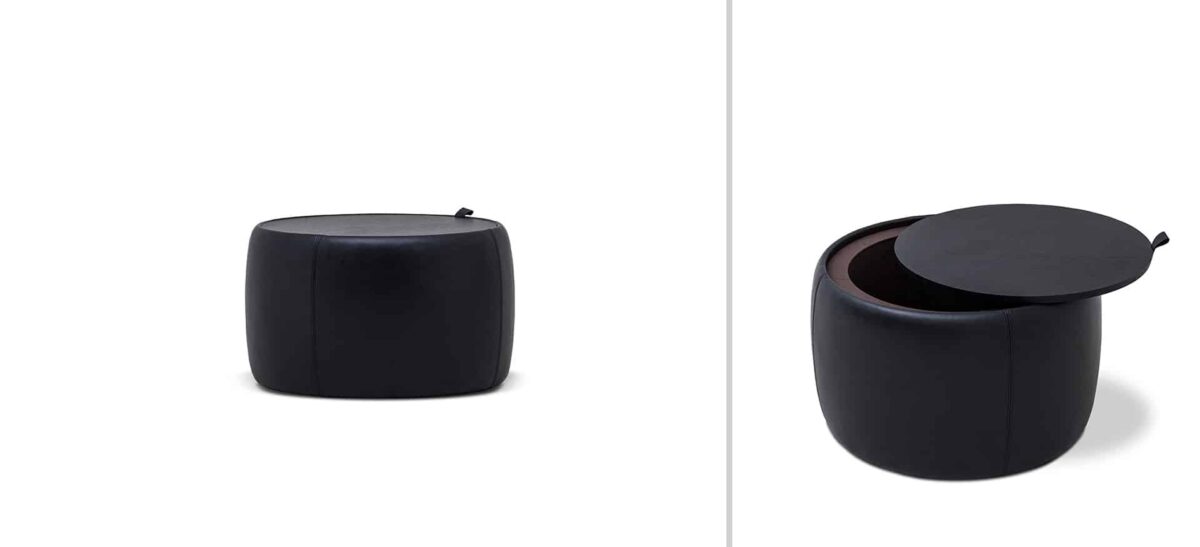 Round upholstered ottoman with soft fabric and minimalist design by Camerich.