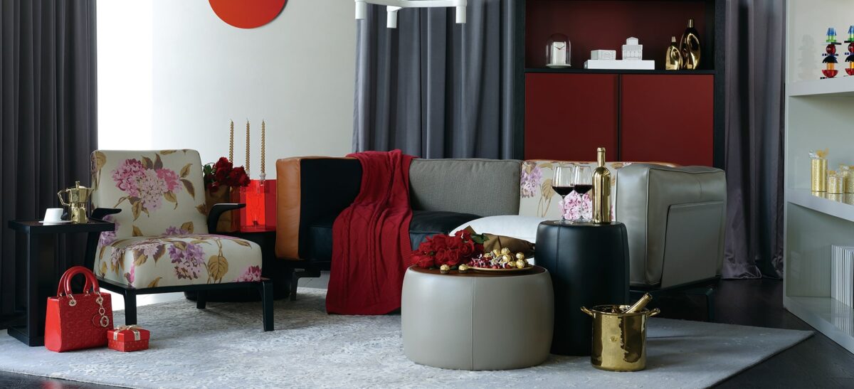 Round upholstered ottoman with soft fabric and minimalist design by Camerich.