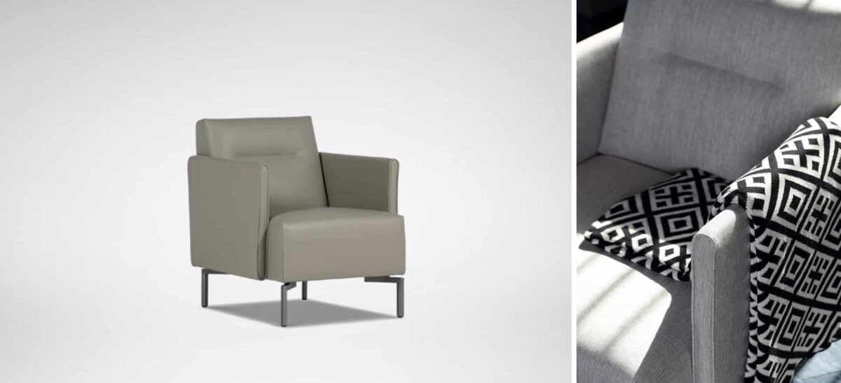 Sleek armchair featuring subtle back tufting, straight arms, and powder‑coated metal base