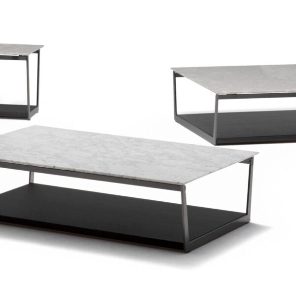 Modern rectangular dining table with wood top and sleek metal base by Camerich.