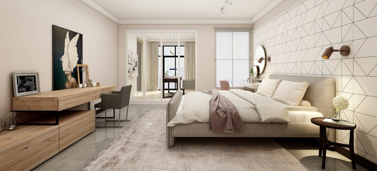 Modern platform bed with clean lines and plush padded headboard by Camerich.
