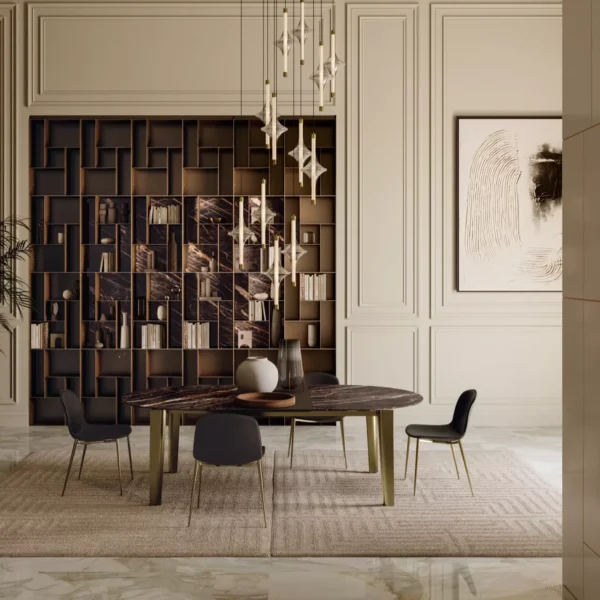 Front view of Etro by Bontempi with a rectangular top and bold X-shaped base.