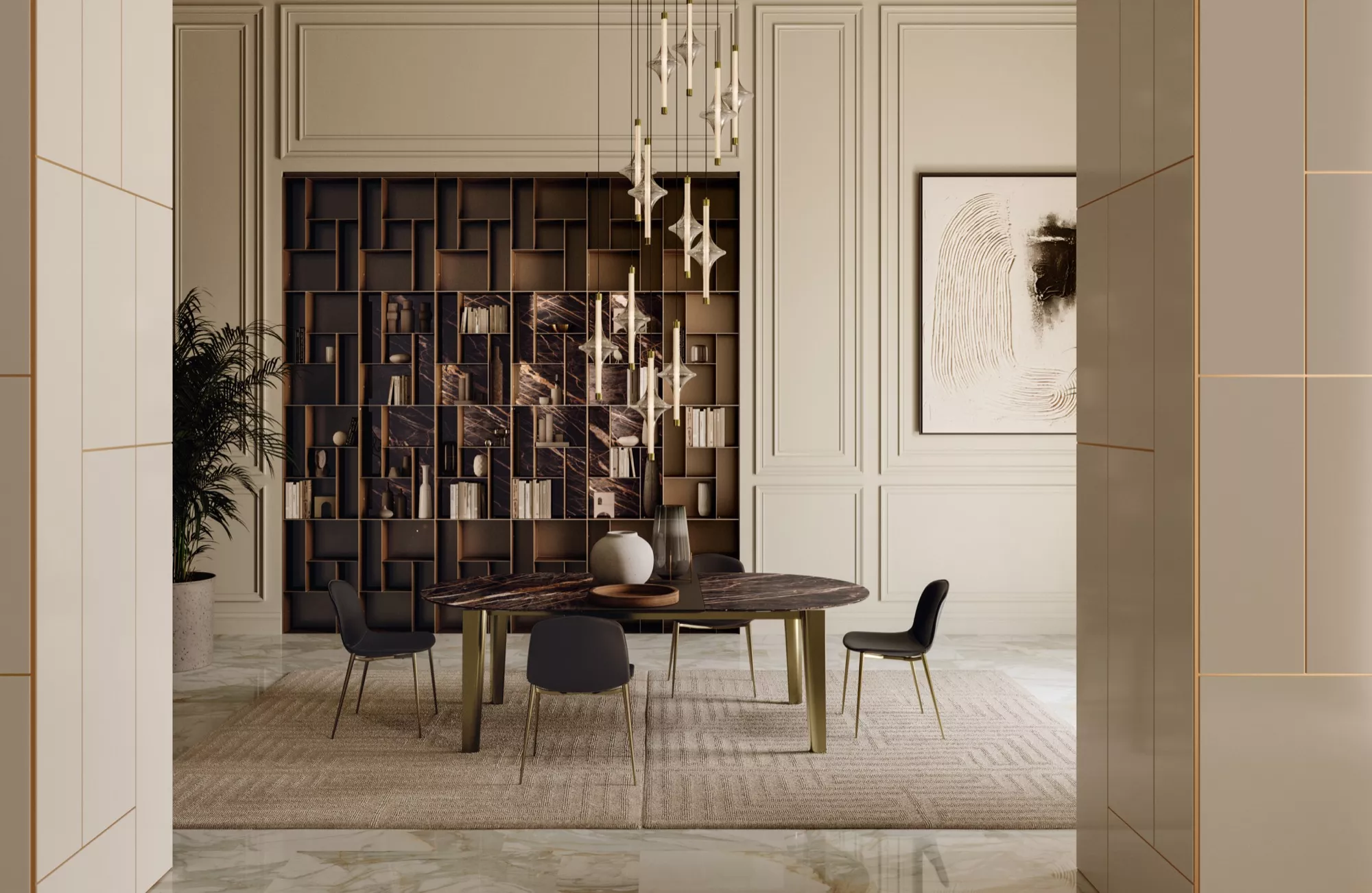 Front view of Etro by Bontempi with a rectangular top and bold X-shaped base.