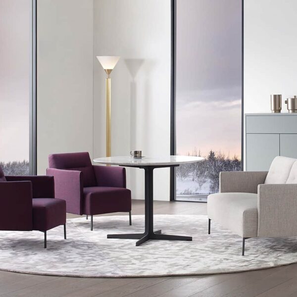 Ease chair by Camerich in olive fabric with square back cushions and black tubular steel base