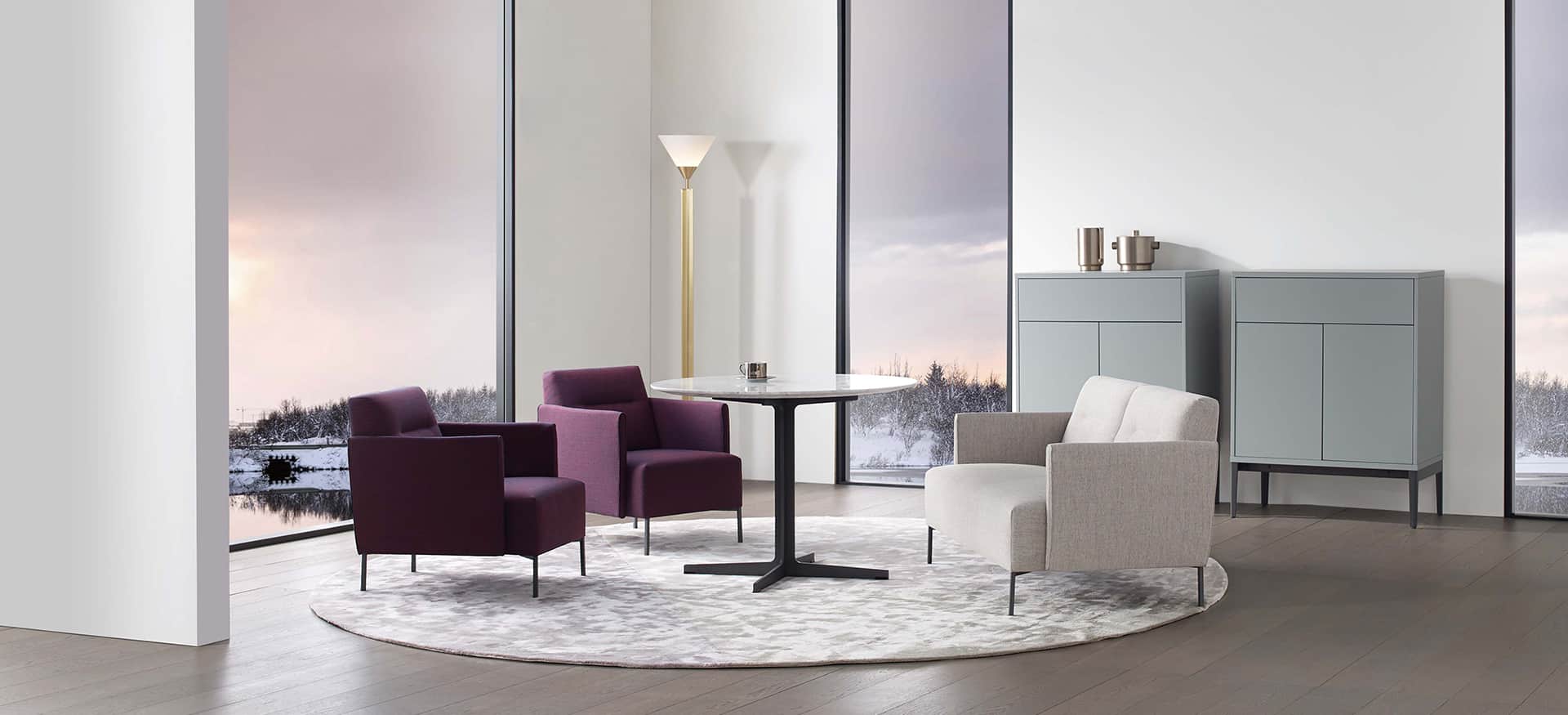 Ease chair by Camerich in olive fabric with square back cushions and black tubular steel base