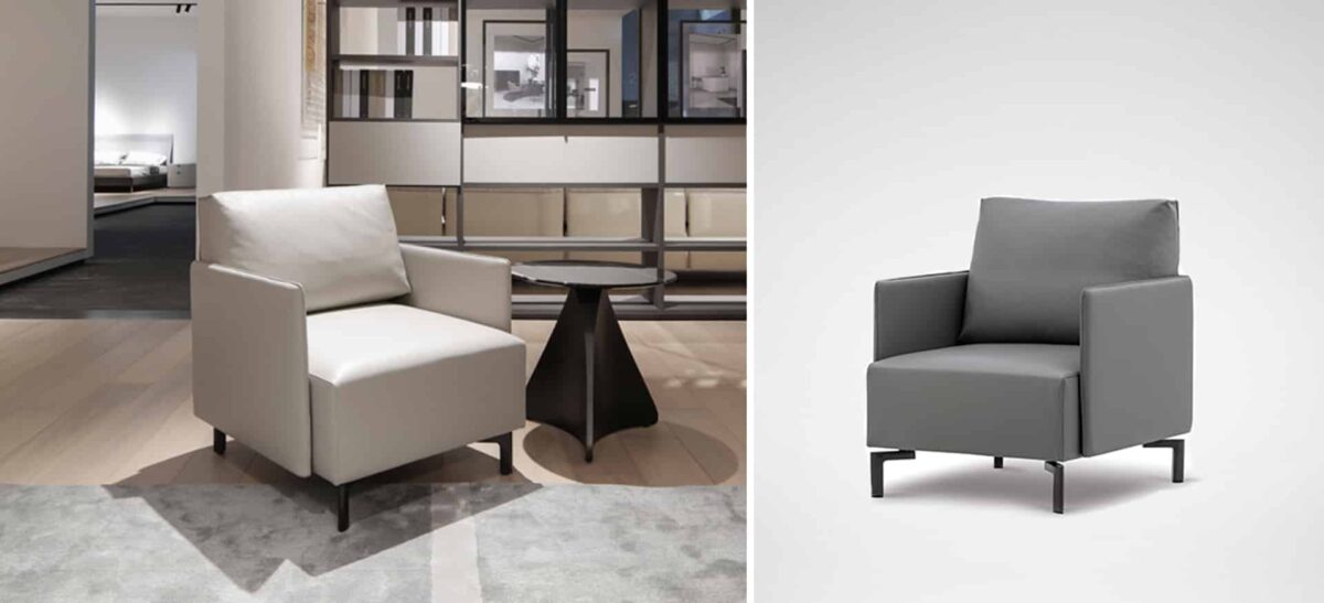 East‑West armchair with high backrest and matte black slender legs