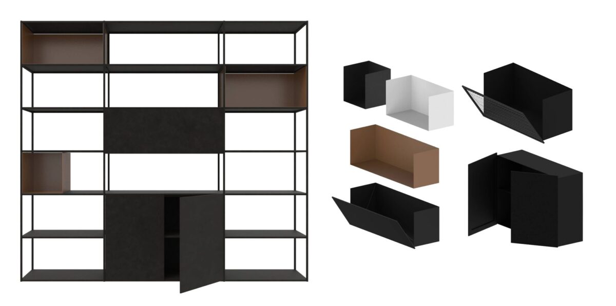 Minimalist steel shelf unit with integrated storage boxes by Zeusnoto.