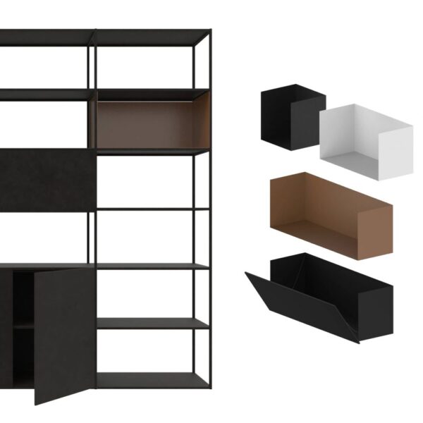 Minimalist steel shelf unit with integrated storage boxes by Zeusnoto.