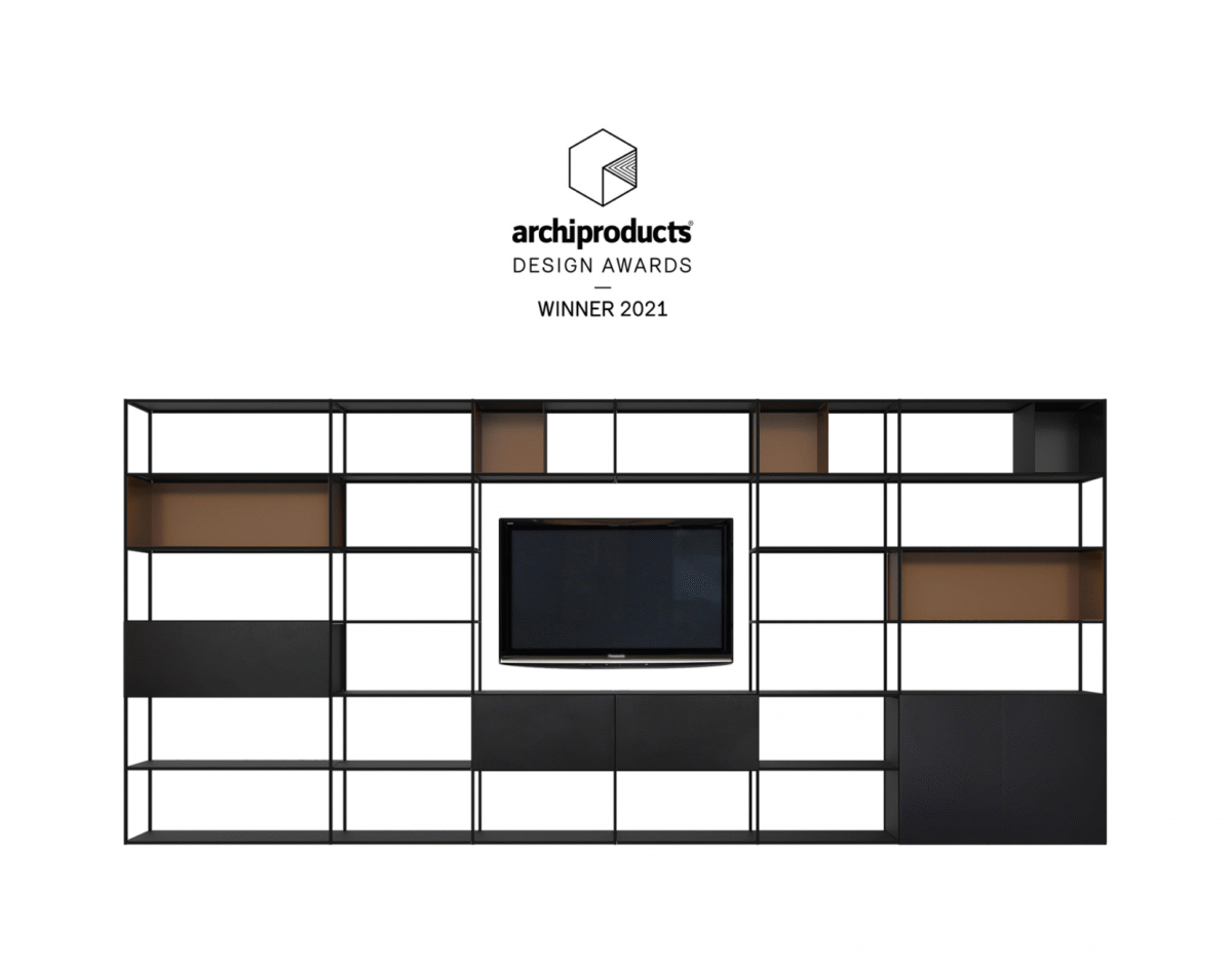 Minimalist steel TV stand with open-frame design by Zeusnoto.