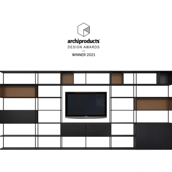 Minimalist steel TV stand with open-frame design by Zeusnoto.