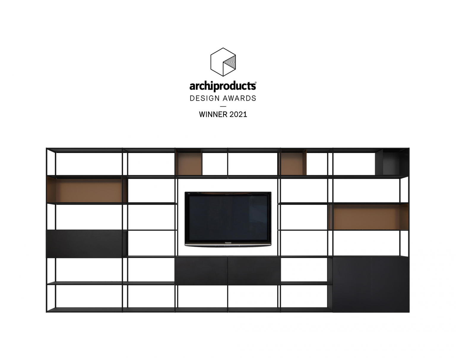 Minimalist steel TV stand with open-frame design by Zeusnoto.