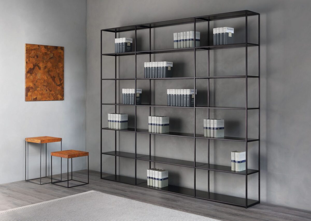 Open-frame shelving unit with sleek steel structure by Zeusnoto.