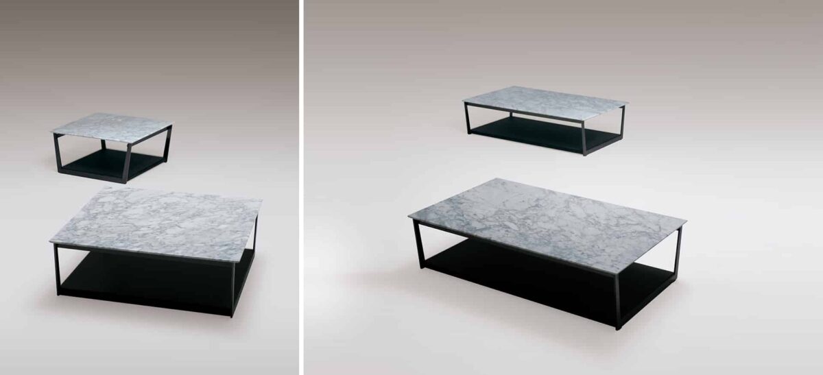 Modern rectangular dining table with wood top and sleek metal base by Camerich.