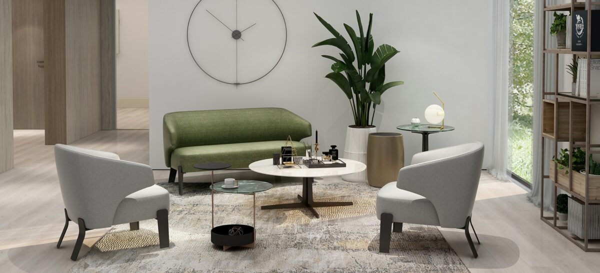 Contemporary chair with low profile and depth