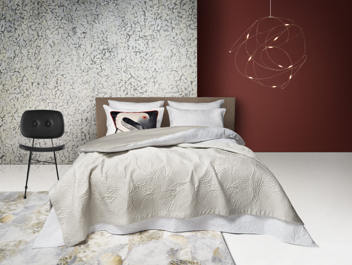 `Luxury embroidered Dodo Pavone Comforter by Moooi – modern Italian designer bedding – Royal Oak MI showroom`