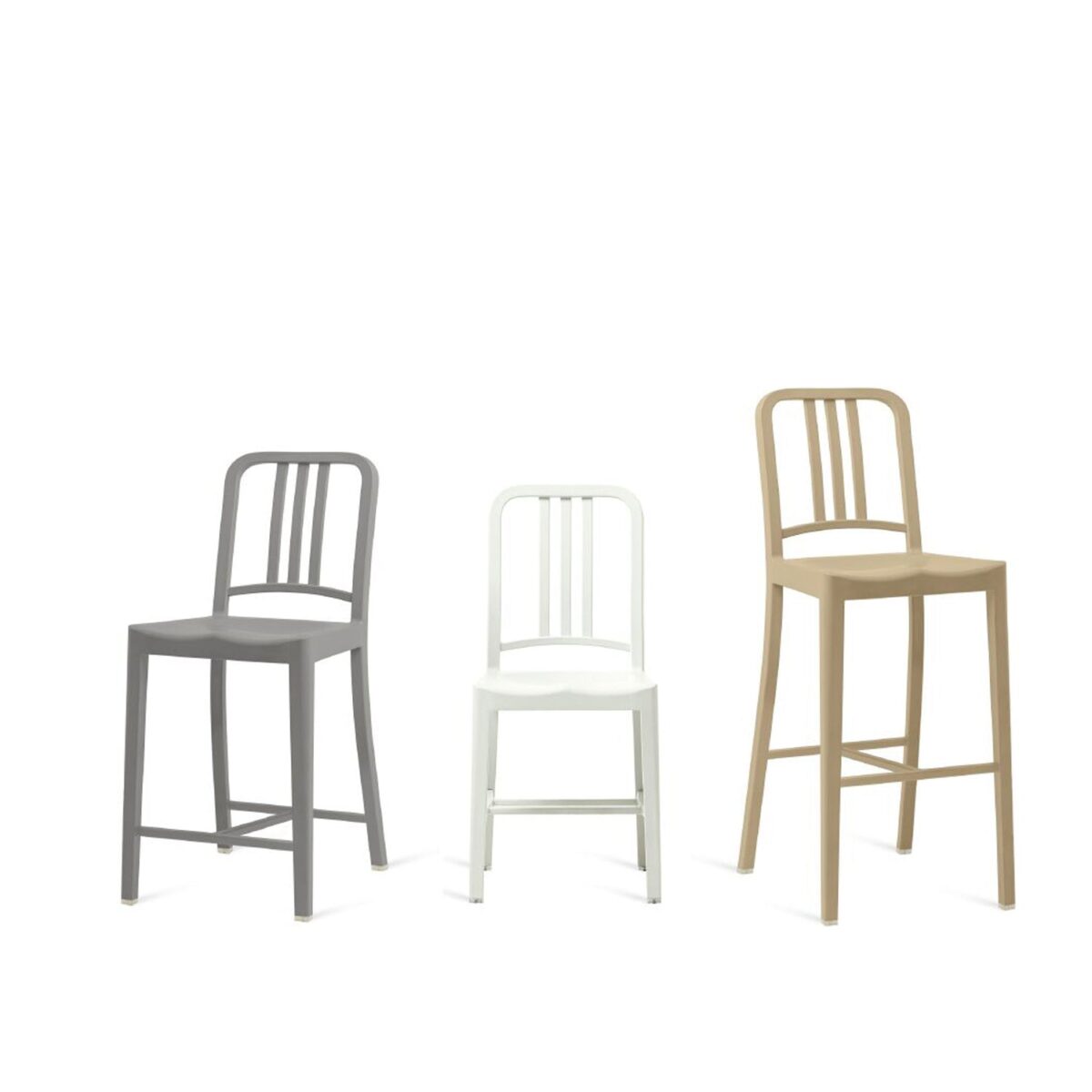 “Classic design 111 Navy Stool by Emeco for indoor and outdoor use.”