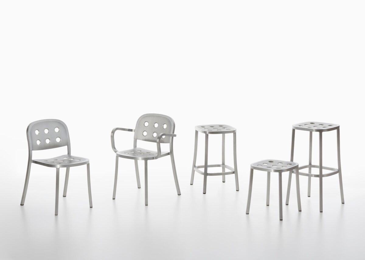 “Minimalist 1 Inch Aluminum Stool by Emeco, made entirely from recycled aluminum for indoor or outdoor use.”