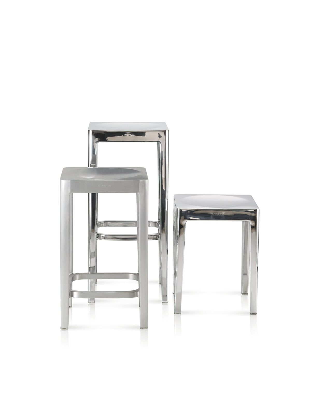 “Compact Emeco Stool by Starck, known for its clean lines and exceptional durability in a small footprint.”