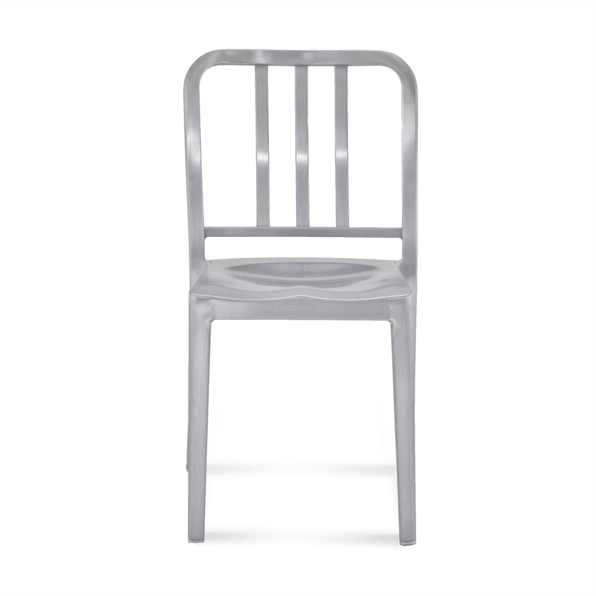 “Emeco Heritage Stacking Chair made from recycled aluminum with a classic silhouette and ergonomic curves.”