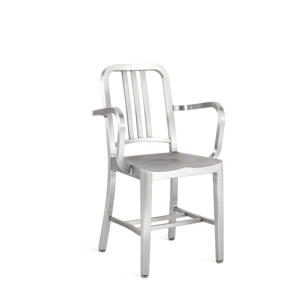 Emeco 1006 Navy Armchair in brushed aluminum, designed for modern interiors with a sleek, sturdy frame and minimalist structure.