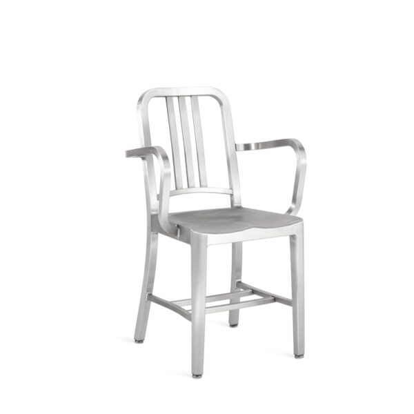 Emeco 1006 Navy Armchair in brushed aluminum, designed for modern interiors with a sleek, sturdy frame and minimalist structure.