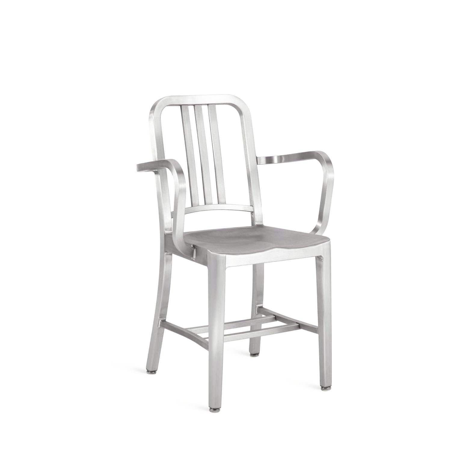 Emeco 1006 Navy Armchair in brushed aluminum, designed for modern interiors with a sleek, sturdy frame and minimalist structure.