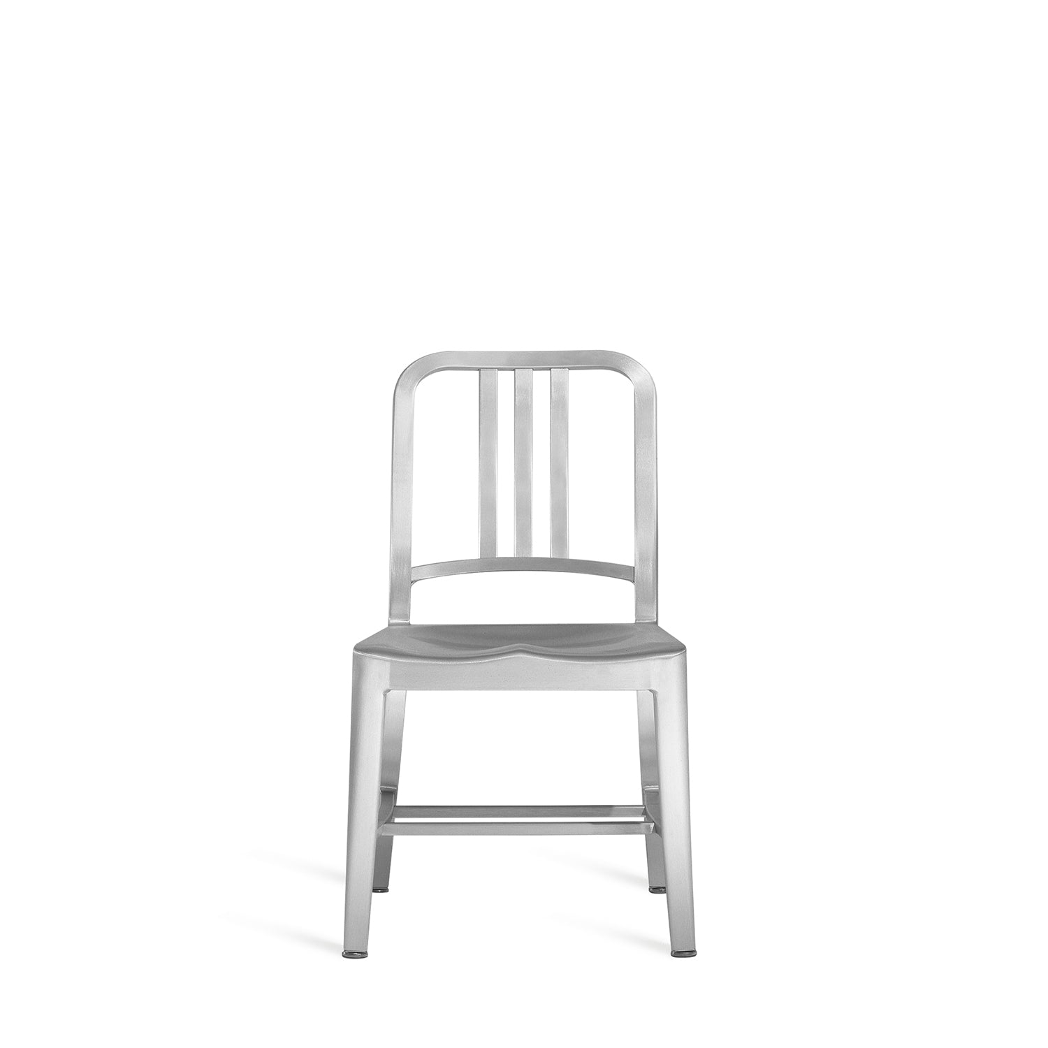 “Brushed aluminum 1006 Navy Mini Chair by Emeco, designed for modern and compact interiors.”
