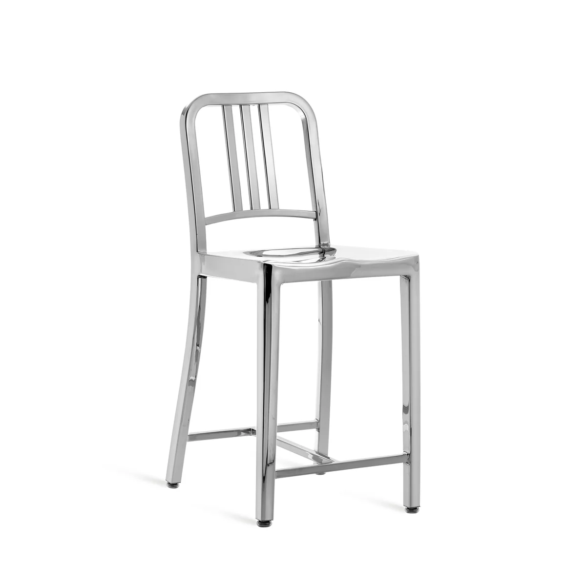 1006 Navy Stool by Emeco, a durable and stylish design inspired by naval architecture, perfect for modern kitchens or bar areas with a sleek, functional aesthetic.