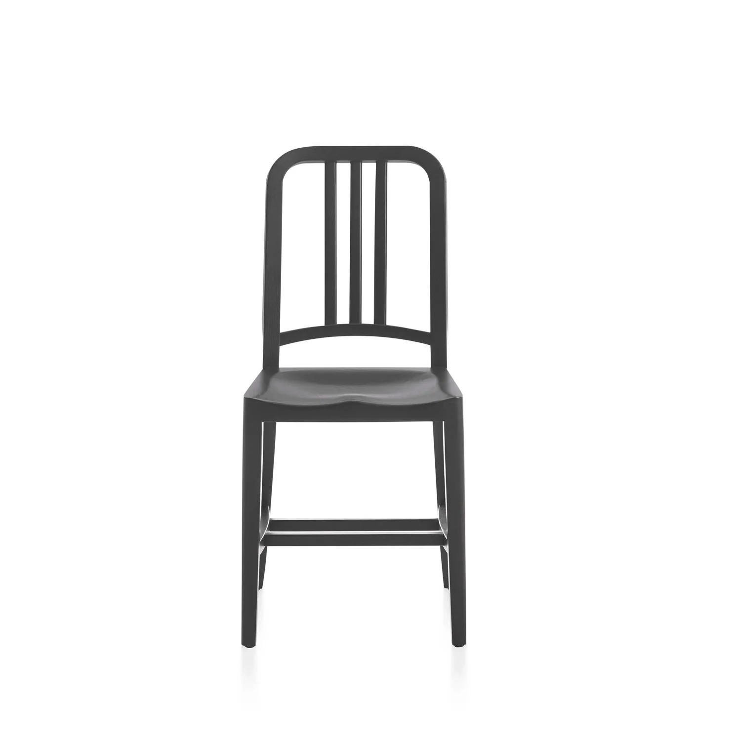 Navy Wood Chair with sleek wood seat and metal frame by Emeco.