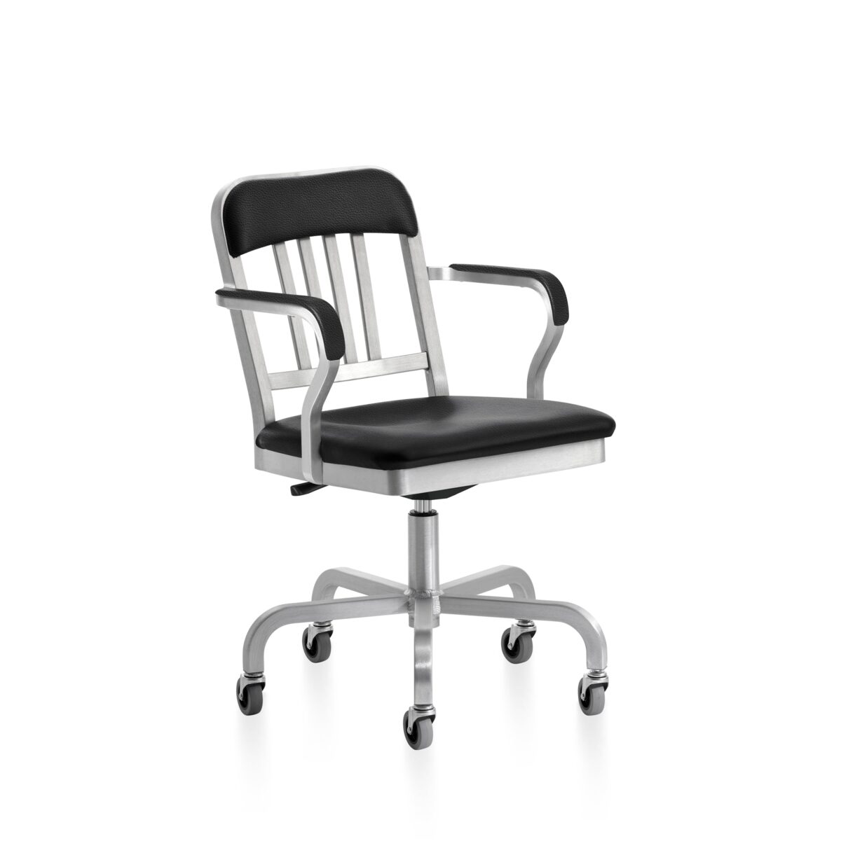 Emeco 1011 Navy Classic Semi-Upholstered Swivel Armchair with recycled aluminum frame and black leather upholstery.