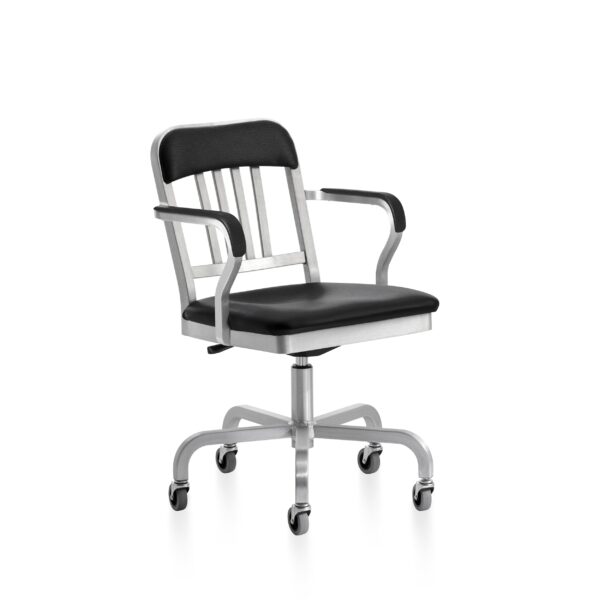 Emeco 1011 Navy Classic Semi-Upholstered Swivel Armchair with recycled aluminum frame and black leather upholstery.