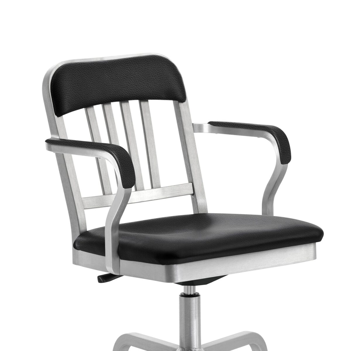 Classic swivel armchair by Emeco featuring semi-upholstered seat and back in Spinneybeck Volo leather.